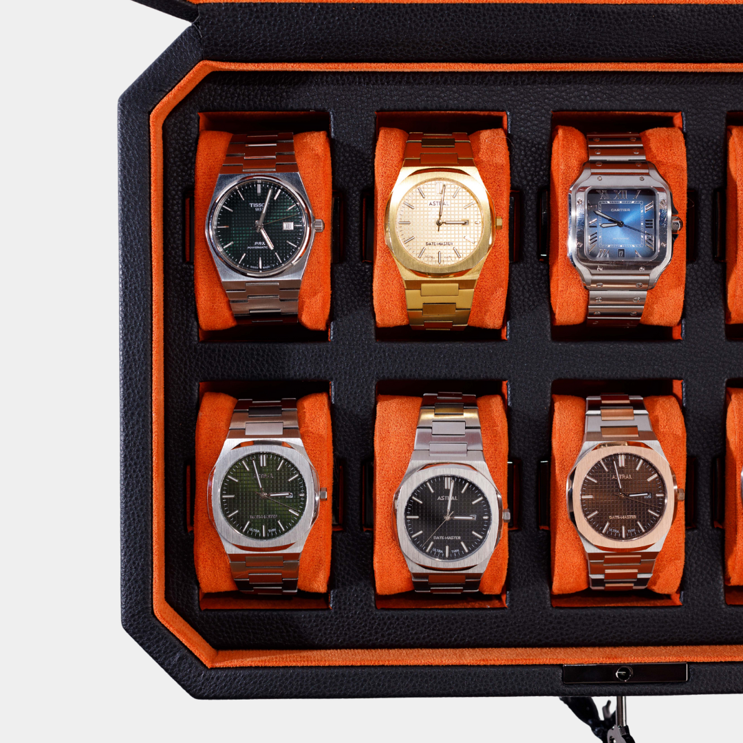 Duke Watch Box With Drawer - 10 Slot (Black X Orange)