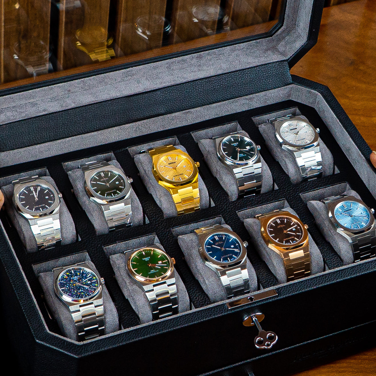 Duke Watch Box With Drawer - 10 Slot (Black X Grey)
