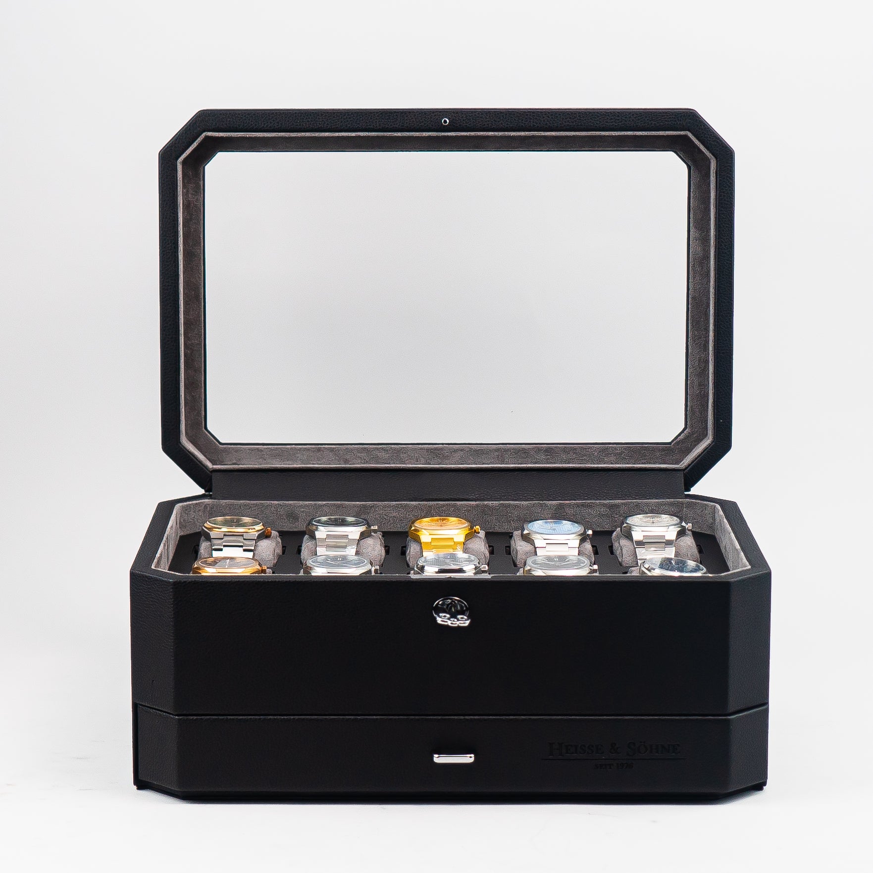 Duke Watch Box With Drawer - 10 Slot (Black X Grey)