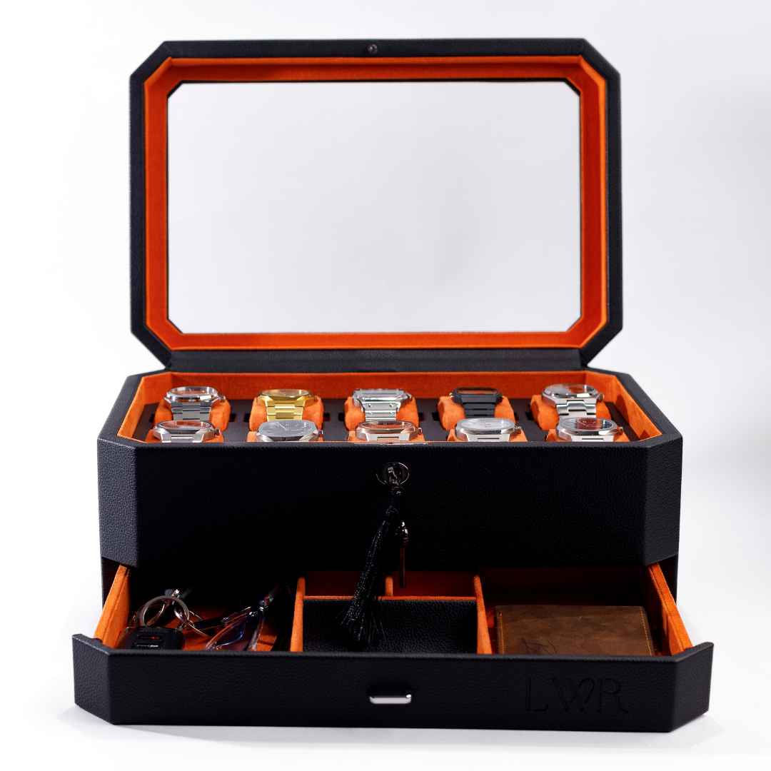 Duke Watch Box With Drawer - 10 Slot (Black X Orange)
