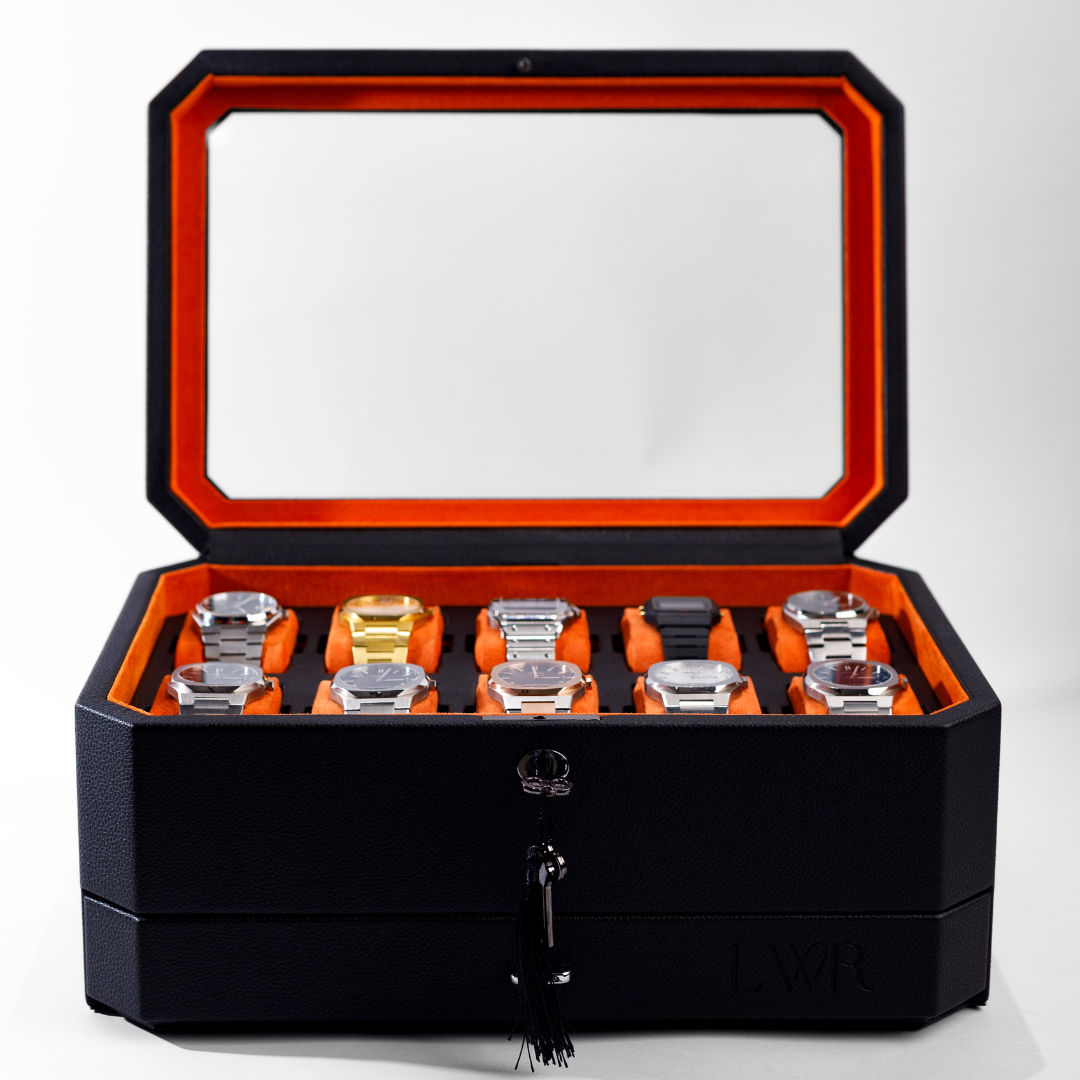 Duke Watch Box With Drawer - 10 Slot (Black X Orange)