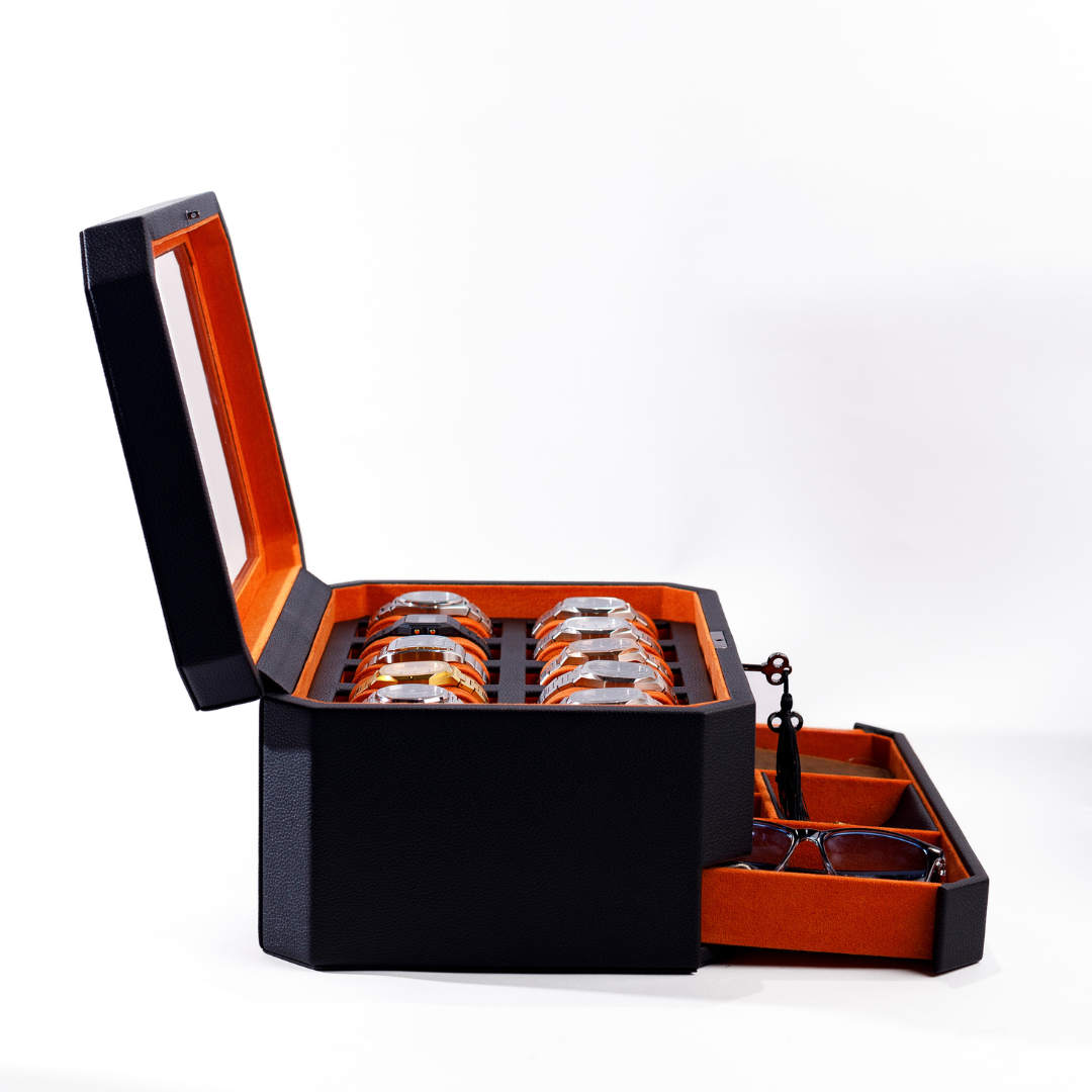 Duke Watch Box With Drawer - 10 Slot (Black X Orange)