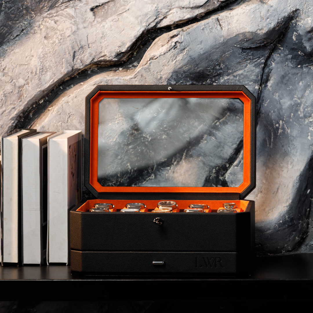 Duke Watch Box With Drawer - 10 Slot (Black X Orange)
