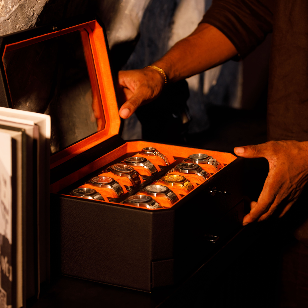 Duke Watch Box With Drawer - 10 Slot (Black X Orange)