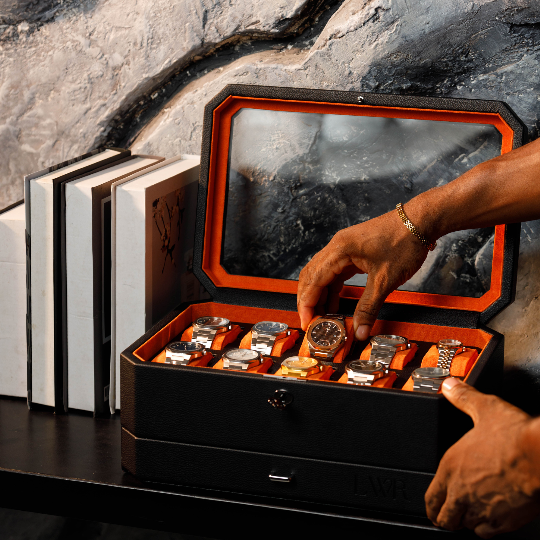 Duke Watch Box With Drawer - 10 Slot (Black X Orange)