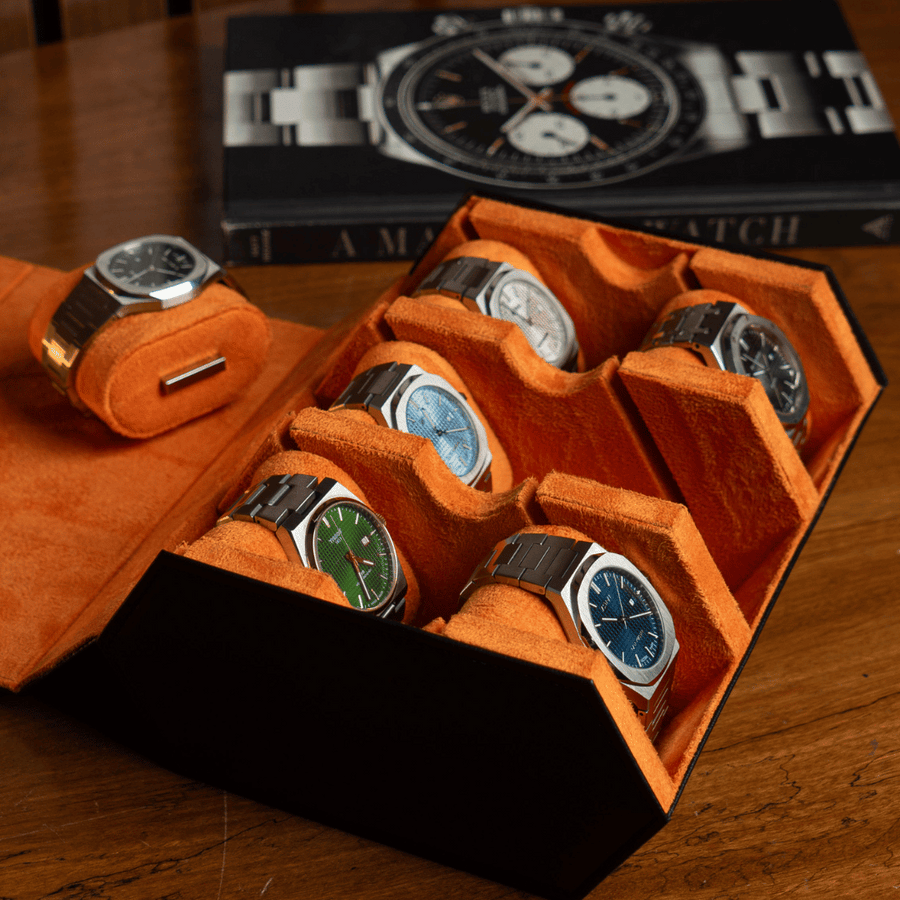 Raven Black × Orange 6-slot watch roll