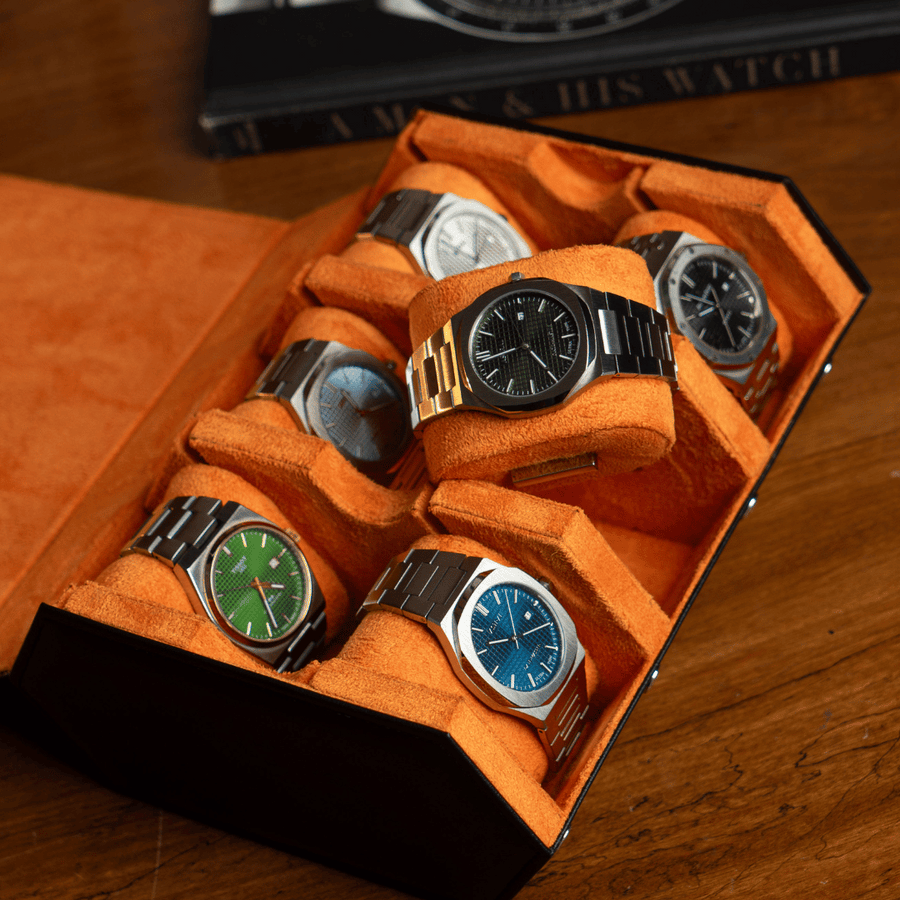 Raven Black × Orange 6-slot watch roll