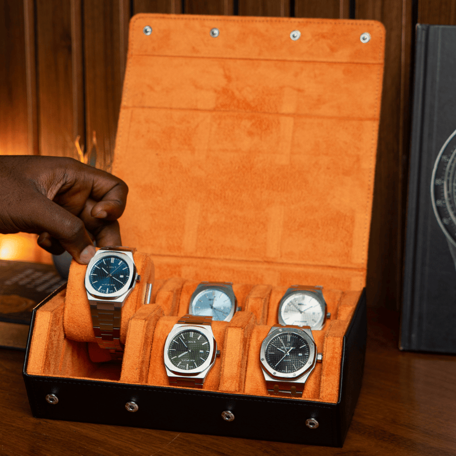 Raven Black × Orange 6-slot watch roll