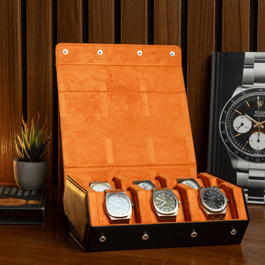 Raven Black × Orange 6-slot watch roll