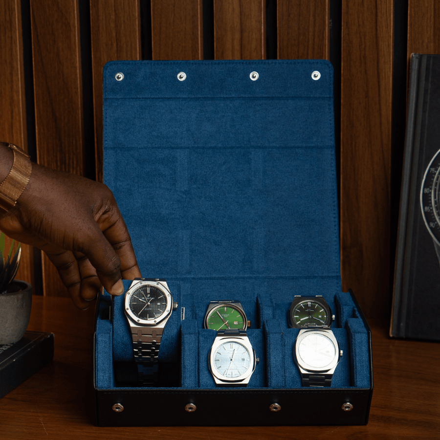 Raven Black × Blue 6-slot watch roll