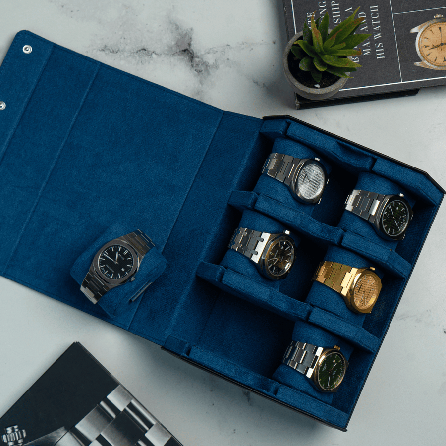 Raven Black × Blue 6-slot watch roll