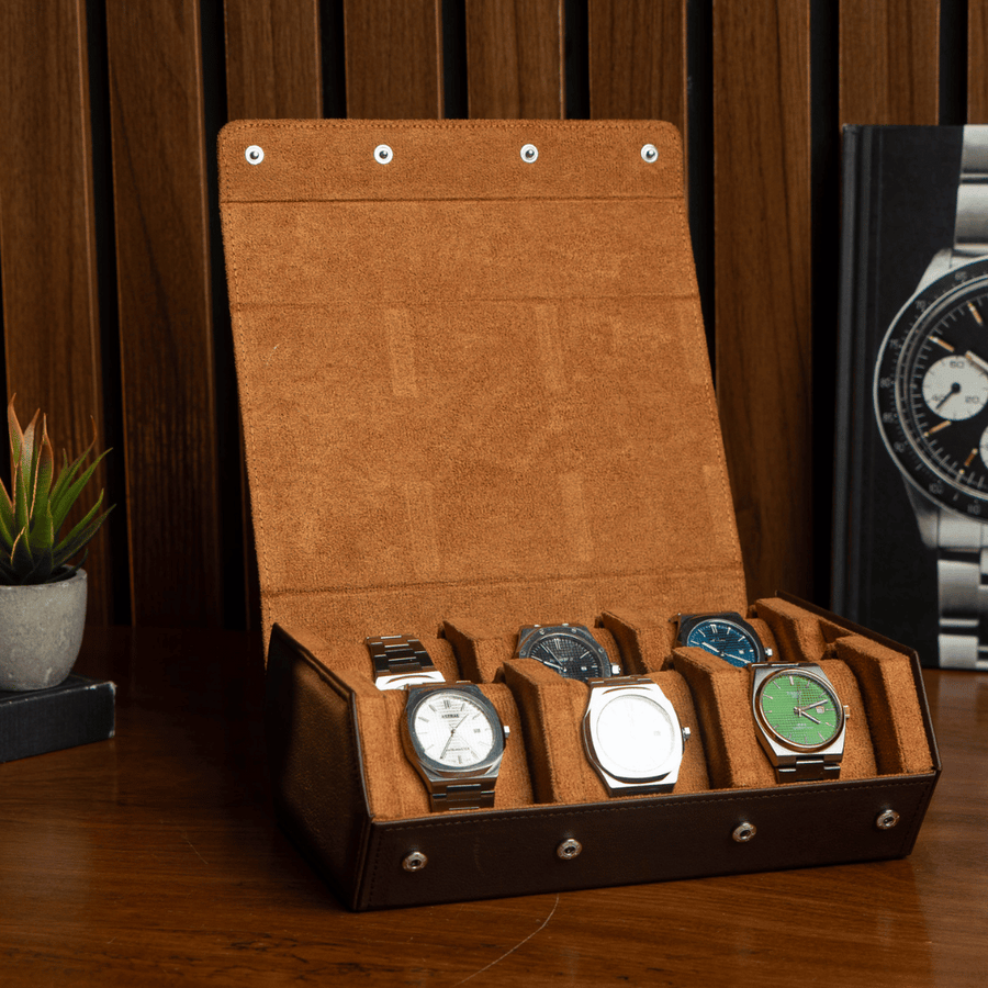 Pecan Brown × Brown 6-slot watch roll