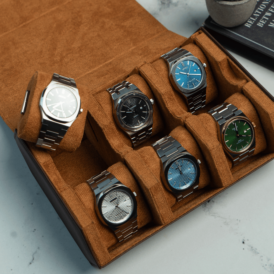 Pecan Brown × Brown 6-slot watch roll