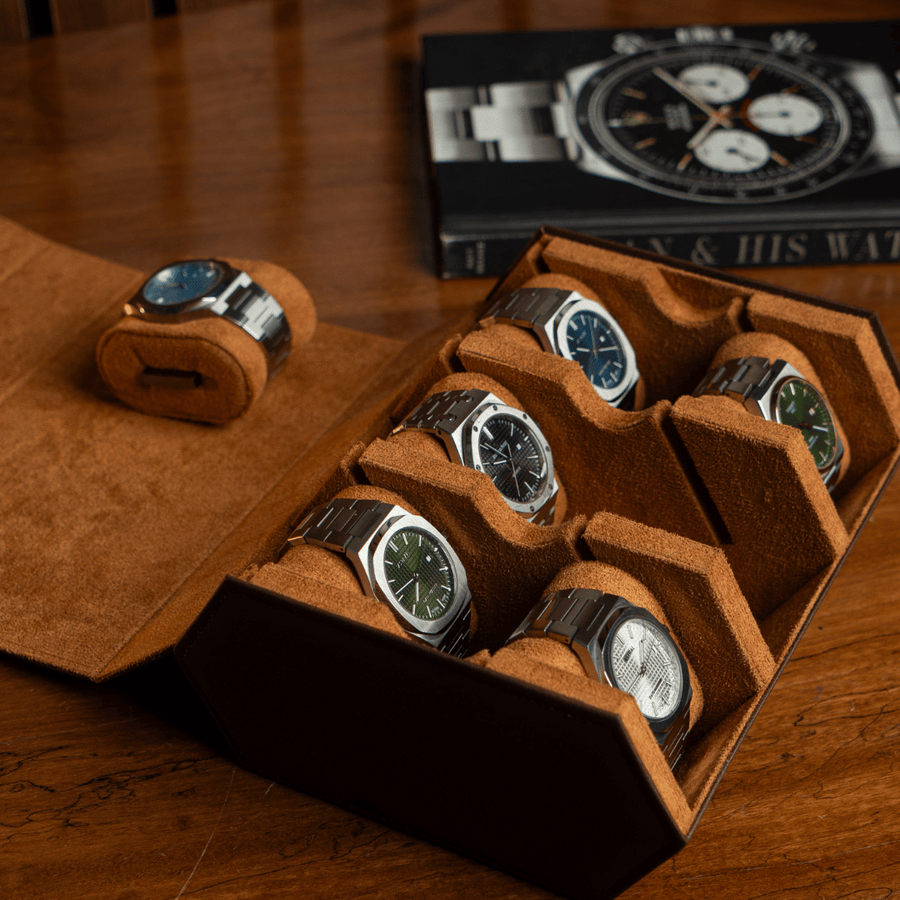Pecan Brown × Brown 6-slot watch roll