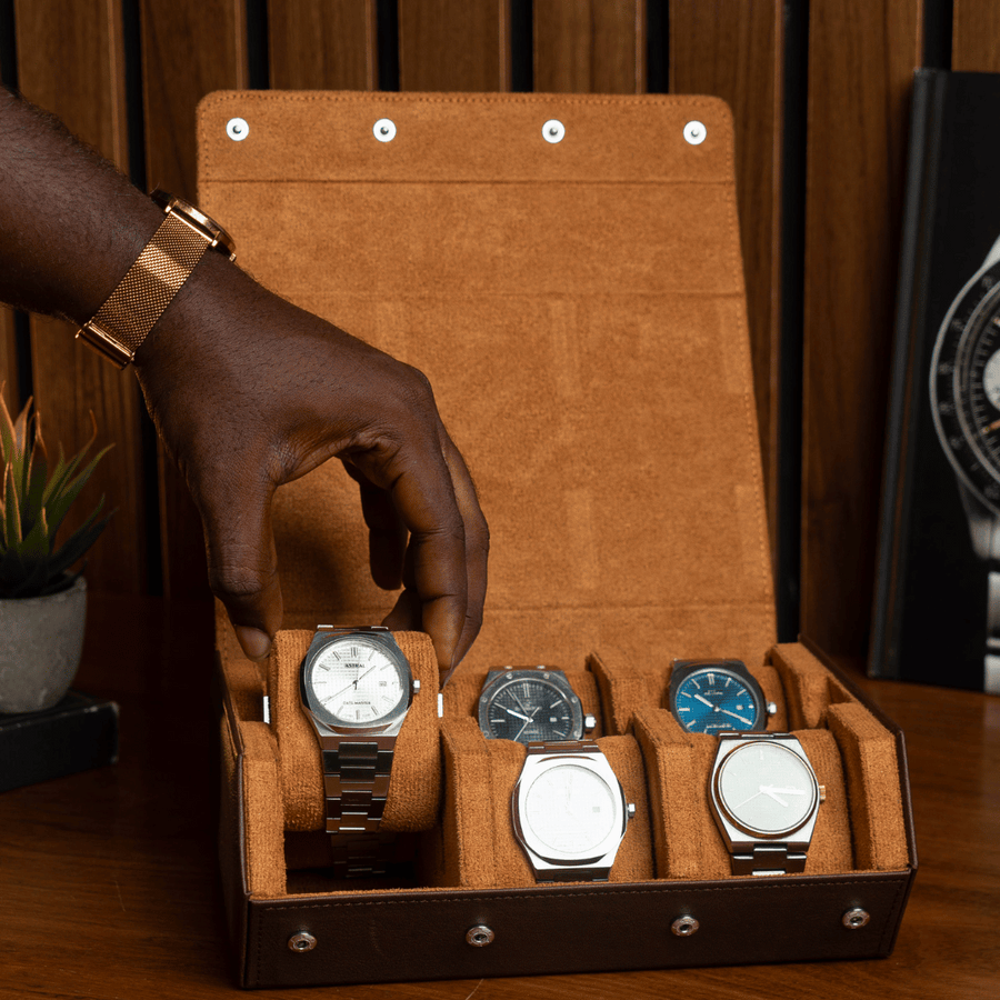 Pecan Brown × Brown 6-slot watch roll
