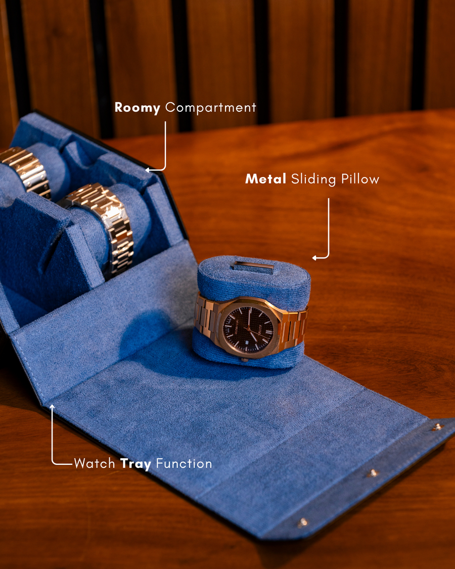 Raven Black × Blue 4-slot watch roll