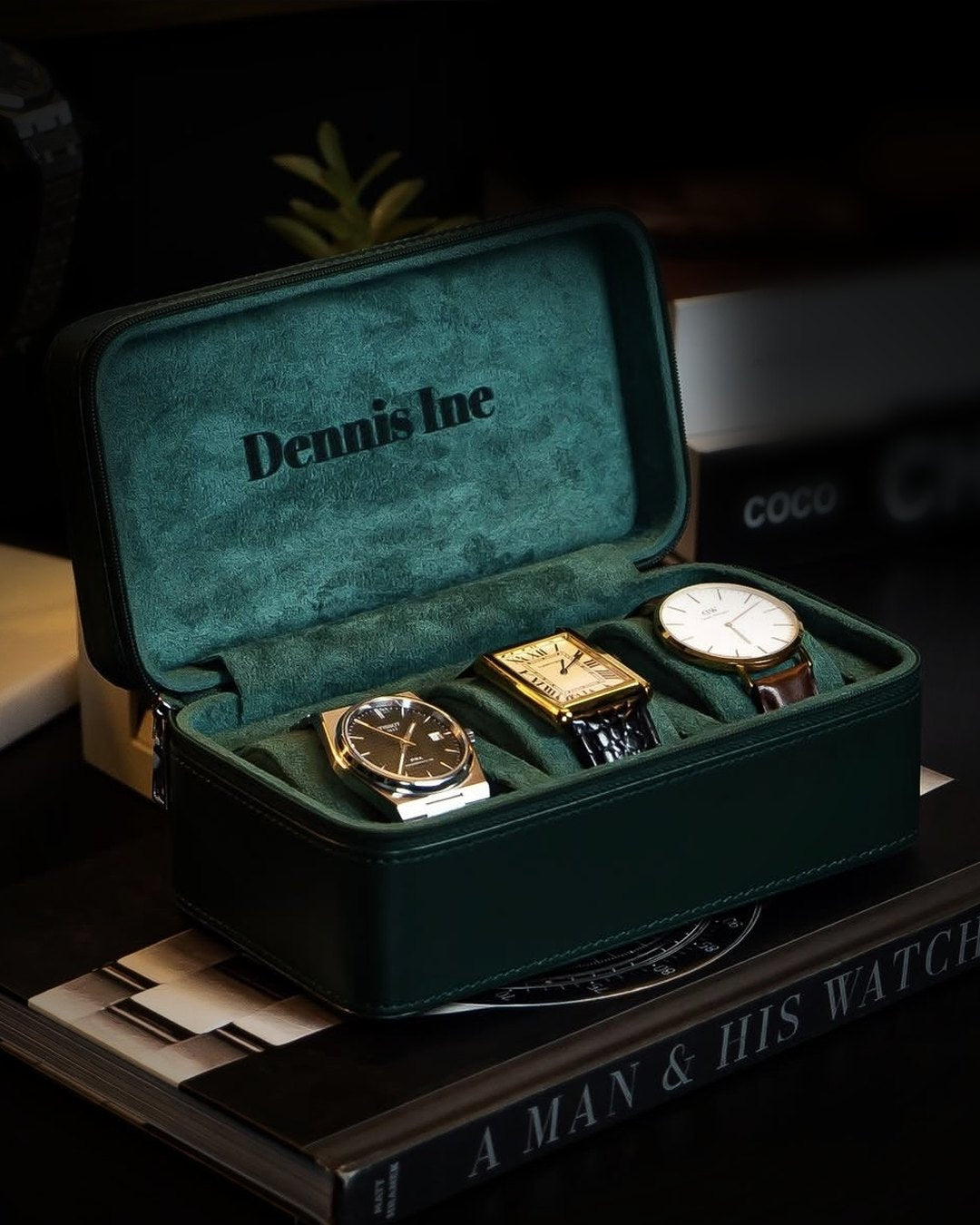 The name Dennis Ine embossed inside a green LWR 3-slot watch box